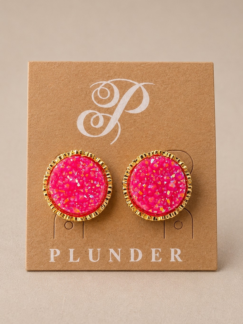 Plunder Gold-Tone Hot Pink Druzy Round Stud Earrings - NIP - Picture 3 of 4